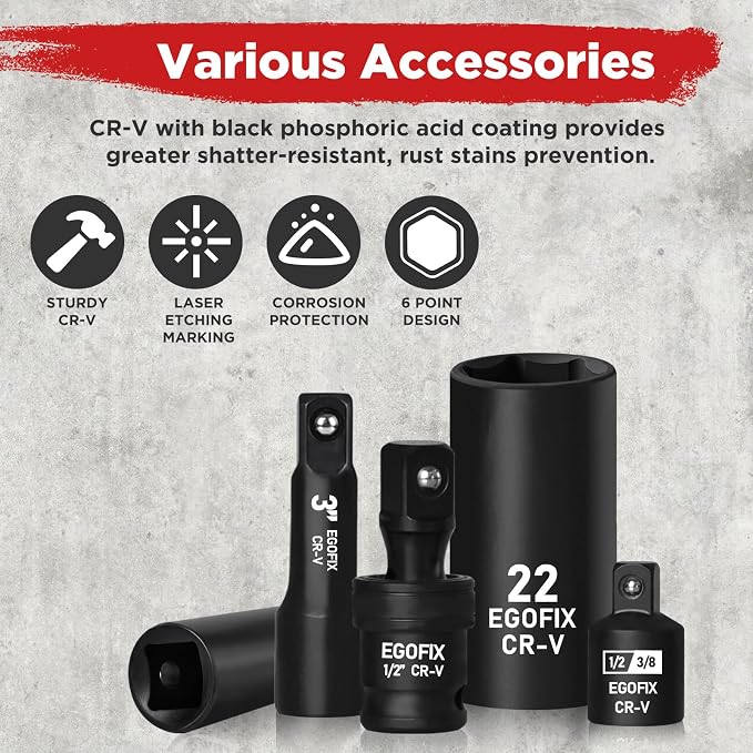1/2" Drive Impact Socket Set 49 Piece, Standard and Deep Metric Socket (9-25mm, 27, 30, 32mm), Includes Extension Bars, Universal Joint and Adapter, 6 Point Design,Cr-V steel