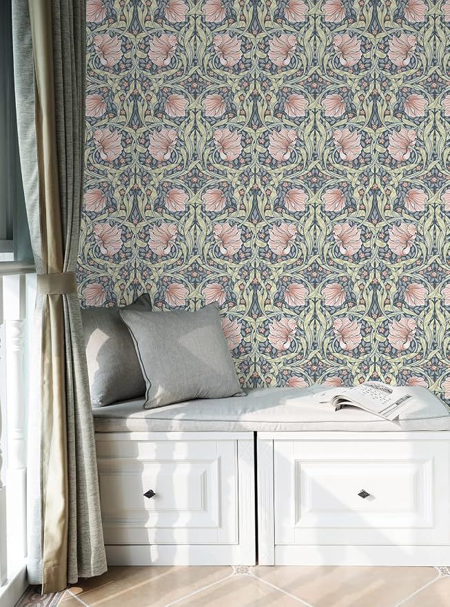 HAOKHOME Vintage Floral Wallpaper Peel and Stick Botanical Grey/Terracotta Wall Murals Home Kitchen Bedroom Decor by William Morris 17.3in x 32.8ft