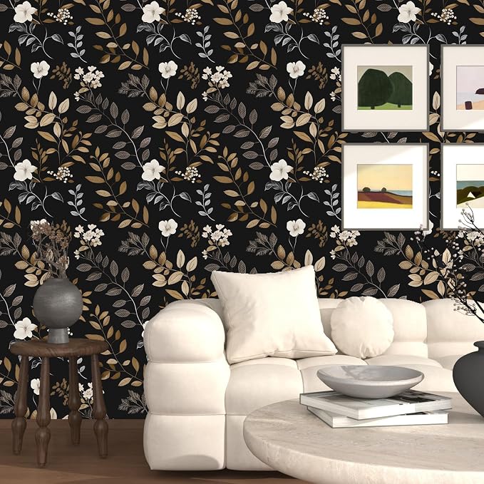 Floral Leaf Vintage Wallpaper Peel and Stick 17.5"x118", Black Gold | Self Adhesive/Removable/Waterproof/Thick Vinyl Contact Paper for Bathroom Bedroom Shelf Cabinet Drawer,Prepasted,Easy Peel