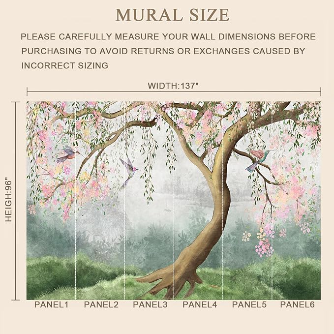 MFWFM Forest Peel and Stick Wallpaper Fantasy Forest and Bird Wall Mural | 137"x96", for Bedroom Living Room Bathroom Dining Room, Self Adhesive Canvas