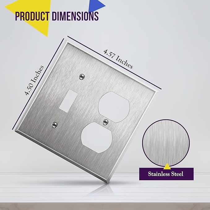 ENERLITES Combination Toggle Light Switch or Duplex Receptacle Outlet Metal Wall Plate, Corrosive Resistant, Size 2-Gang 4.50" x 4.57", 771121, 430 Stainless Steel, UL Listed, Silver, Standard