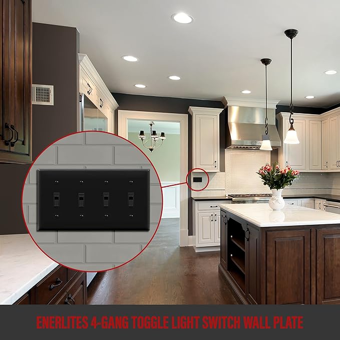 ENERLITES Quad Toggle Light Switch Wall Plate, Standard Size 4-Gang 4.50" x 8.19", Unbreakable Polycarbonate Thermoplastic, 8814-BK, Black