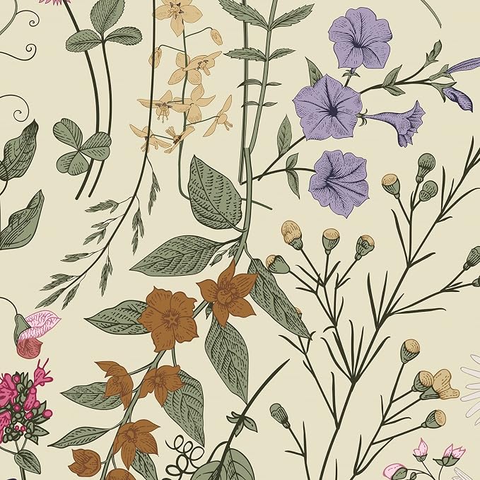 JiffDiff Floral Wallpaper Peel and Stick- 1181" x 17.3" Farm Floral Wall Paper, Wildwood Daisy Self Adhesive Stick On Wallpaper Removable Contact Paper