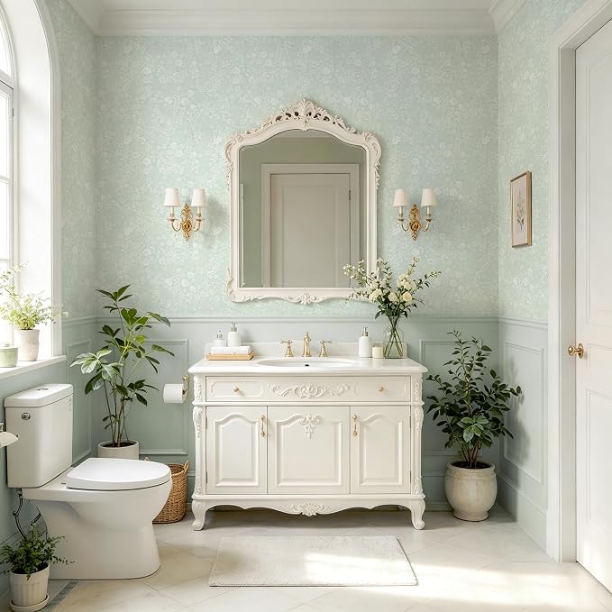 Guvana Sage Green and White Peel and Stick Wallpaper Floral Wallpaper Slef Adhesive Removable Waterproof Contact Paper Boho Wall Paper for Living Room Bathroom Bedroom Kitchen 17.3“×197”