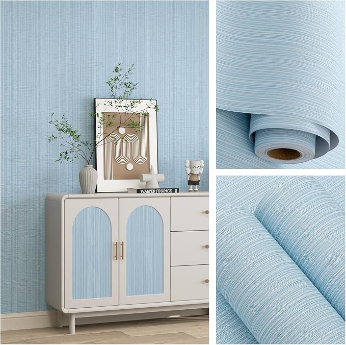 Light Blue Faux Grasscloth Wallpaper Peel and Stick Linen Textured 24"x394" Upgraded Thick Self-Adhesive Waterproof Neutral Decorative Contact Paper Vinyl Film Roll for Wall Bedroom Kitchen