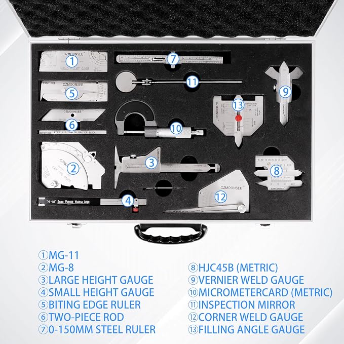 13 Piece Combination Welding Measurement Toolbox Set Stainless Steel Weld Inspection Tool, Welding Weld Inspection Ruler, Corner Weld Gauge