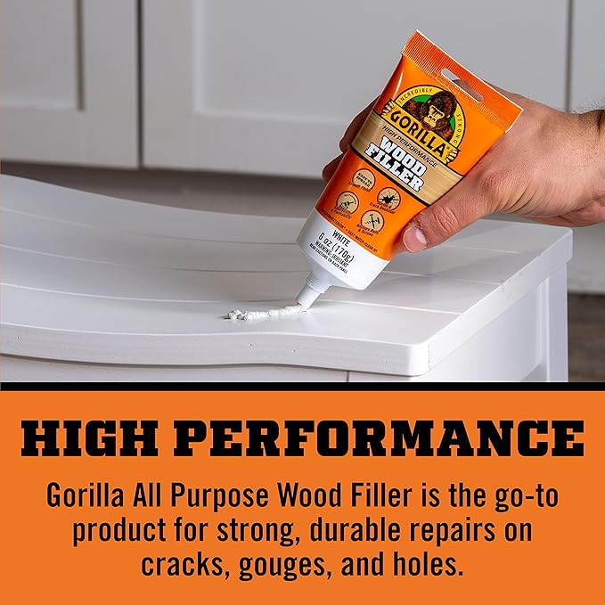 Gorilla All Purpose Wood Filler, White Wood Filler, 6 Ounce Tube (Pack of 6) - Water Resistant for Indoor or Outdoor Projects and Repairs