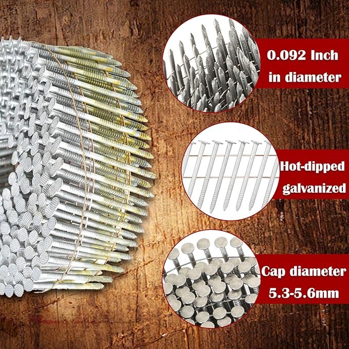 Siding Nails 2-Inch x .092-Inch 15-Degree Collated Wire Coil Full RoundHead Ring Shank Hot-Dipped Galvanized 3600 Count. Adapted to Gun Type CN57/CN65/CN70.