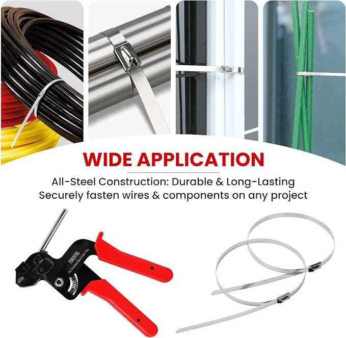 Stainless Steel Cable Tie Gun Set – Heavy Duty Metal Zip Tie Tool Kit with 150PCS Self-Locking Ties, Adjustable Fastening & Cutting Tool for Outdoor Fencing, Exhaust Pipes(Red)