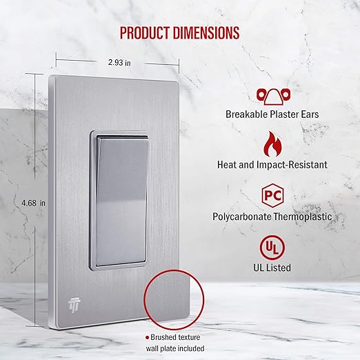 ENERLITES Elite Series Decorator Light Switch with Brushed Screwless Wall Plate, Single Pole, 3 Wire, Grounding Screw, Residential Grade, 15A 120V, UL Listed, 91150-SVWBP, Silver with Wall Plate