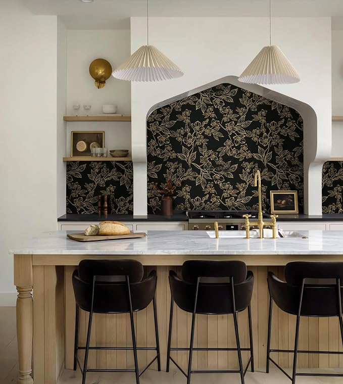 Ismoon Peel and Stick Wallpaper Black and Gold Stick on Wallpaper Dark Floral 17.3x78.7in Black Modern Wall Paper Removable Self Adhesive Contact Paper for Bedroom Cabinets Shelf Liner Vinyl