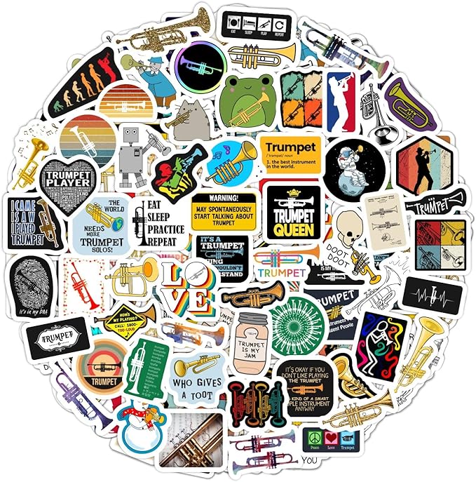 BulbaCraft Trumpet Stickers for Water Bottle and Laptop - Musical Party Supplies & Decorations, Waterproof Vinyl Instrument Decals, Trumpet and Jazz Stickers Laptop Decals, Gifts for Women & Men