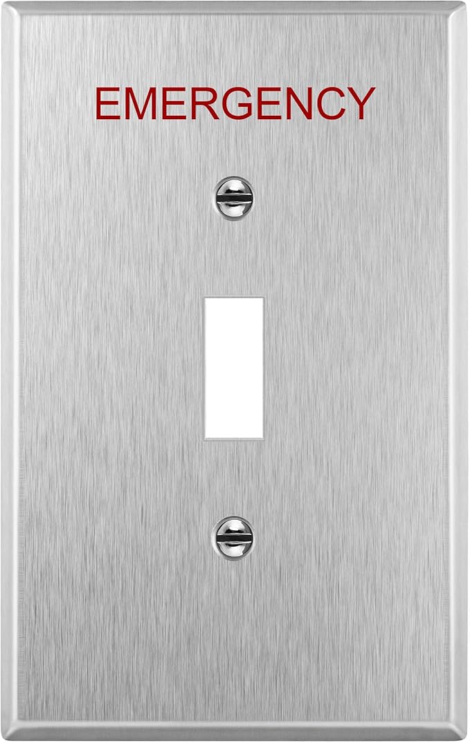 ENERLITES Toggle Light Switch Metal Cover Plate with Emergency Label, Stainless Steel Wall Plate, Corrosion Resistant, Mid-Size 1-Gang 4.88" x 2.11", 430 Stainless Steel, 7711M-E, Silver