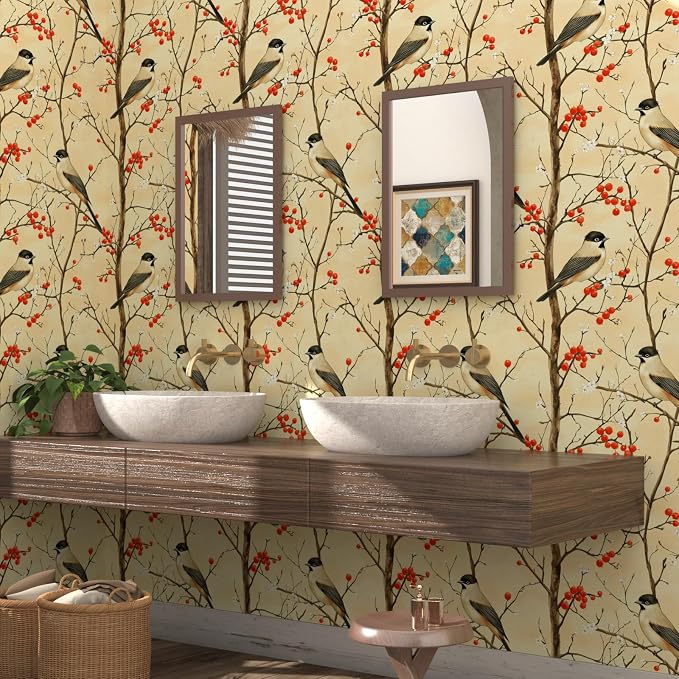 Yellow Bird Wallpaper Peel and Stick, Vintage Tree Botanical Contact Paper 17.5" x 393", Retro Floral Fruits Wall Paper Self Adhesive Removable Waterproof for Bedroom Walls Shelf Cabinet Drawer Table
