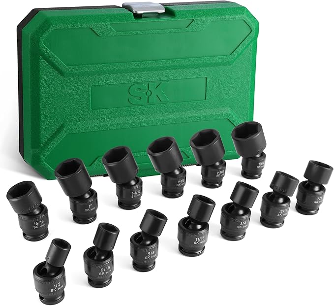 SK 1/2" Drive Swivel Impact Socket Set, Universal Joint Socket, 13-Piece | 1/2" to 1-1/4", Premium CR-MO Steel, SureGrip 6 Point Design, with Storage Case
