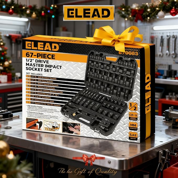 67 Piece 1/2" Drive Deep Impact Socket Set: Standard SAE (3/8"-1-1/4") & Metric (8-24 mm), Including 3 ", 5", 10" Extension Bar, Universal Joint, Ratchet Handle and Adapter