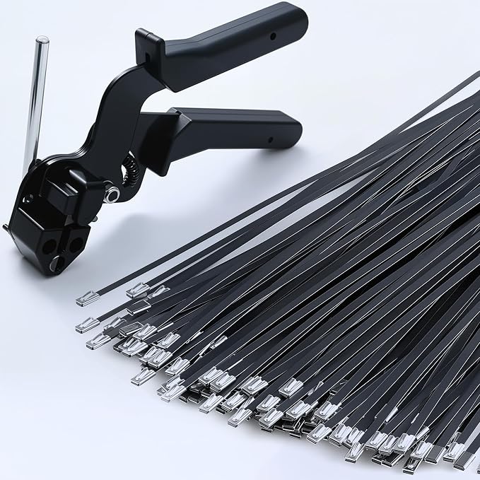 Stainless Steel Cable Tie Gun & 100pcs 12in Black Metal Zip Ties | Self-Locking, UV & Corrosion Resistant Stainless Steel Zip Ties for fence repair, Exhaust Wrap, Chicken Coop, Pipe, Farm Use