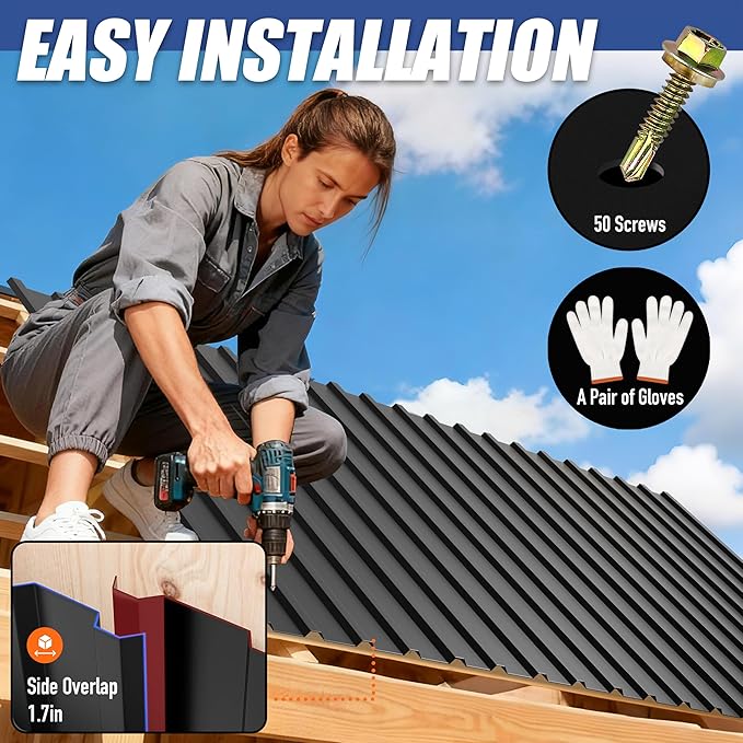 Brakki Metal Roofing Panels 10pcs 75 ft², L61.02"xW17.72" Black Corrugated Galvanized Steel Roof Panels with Screw, Heavy Duty Metal Siding Suitable for Garages Chicken Coop Sheds Stables Patio