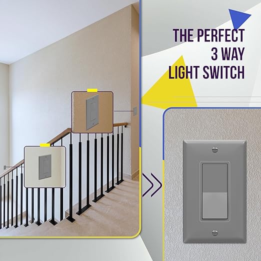ENERLITES Decorator Switch with Wall Plate, Paddle Light Switch, 3-Way or Single Pole, 3 Wire, Grounding Screw, Residential Grade, 15A 120V, UL listed, 93150-GYWP, Gray with Wall Plate