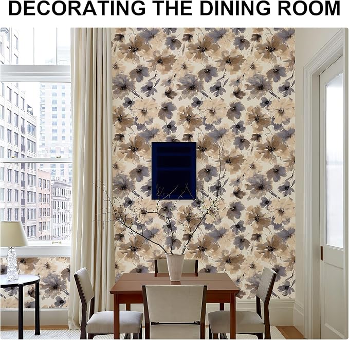 JiffDiff Floral Peel and Stick Wallpaper, Purple Watercolor Flower Contact Paper Peel and Stick for Bedroom Bathroom, Brown Vintage Removable Waterproof Self Adhesive Wall Paper 118"X17.3"(14 sq. ft)