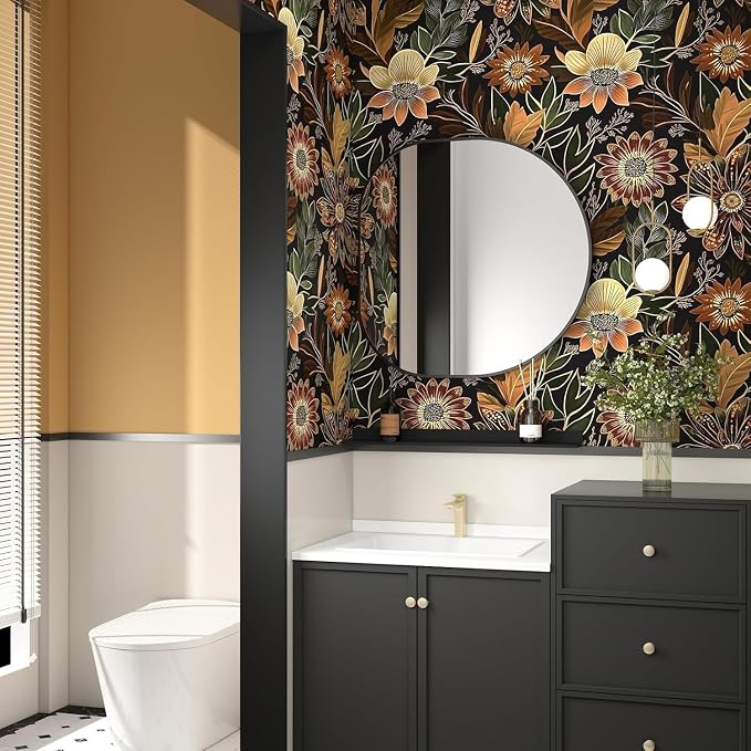 Boho Dark Black Gold Floral Wallpaper Peel and Stick 17.5"x197" | Self Adhesive/Removable/Waterproof/Thick Vinyl Contact Paper for Bathroom Bedroom Shelf Cabinet Drawer,Prepasted,Easy Peel