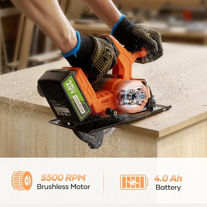 20V 7-1/4-inch Cordless Circular Saw, 4.0Ah Battery Powered Brushless Motor, 45° Bevel Capacity, Max Cutting Depth 2-7/10-inch (90°), 2-inch (45°), Electric Circular Saw for Wood, Plastic Cutting