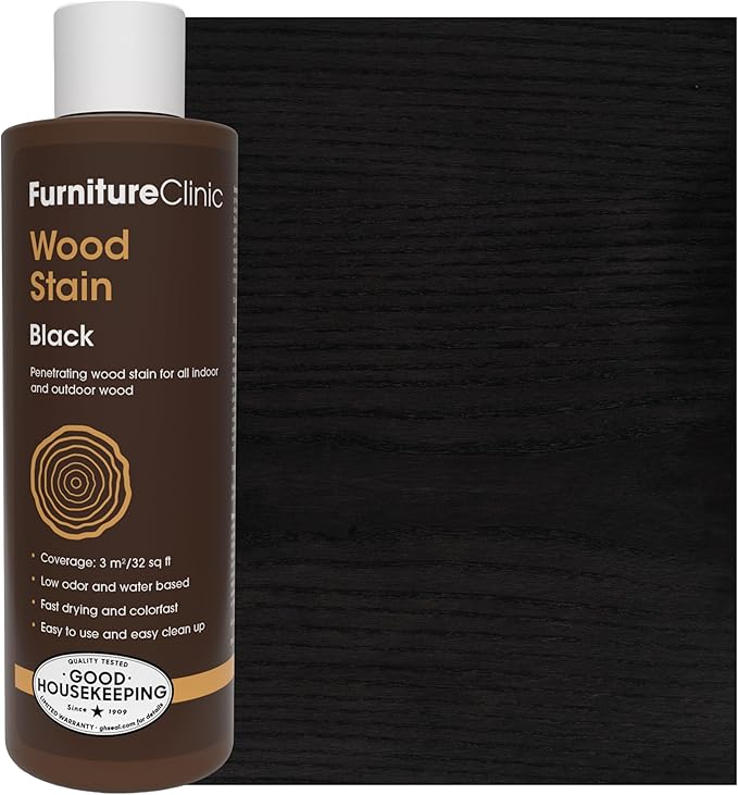 Furniture Clinic Wood Stain | Black | Water Based | Fast Drying, Low Odor, & Non-Toxic | For Indoor & Outdoor Furniture and More | Multiple Finishes | (8.5oz / 250ml)