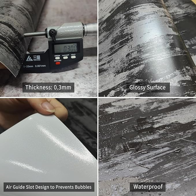 BOMENG Black Concrete Wallpaper Peel and Stick Industrial Cement Wallpaper 32"x353.5" Concrete Contact Paper with Air Guide Slot Design Glossy Wall Paper for Living Room, Hallway, Coffee Shop