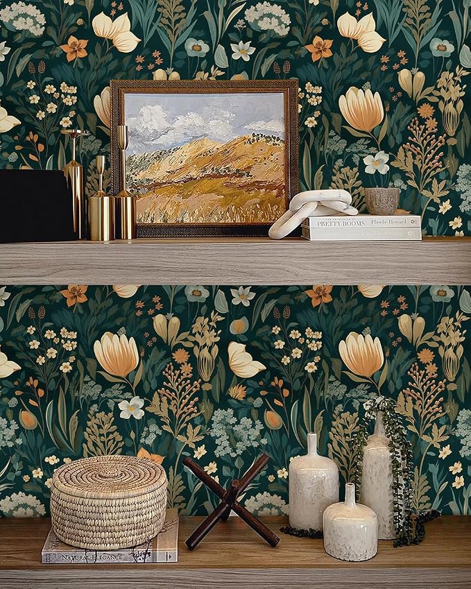Orainege Vintage Floral Peel and Stick Wallpaper Boho Floral Contact Paper 17.3in x196.8in Flower Wallpaper Peel and Stick Flower Self Adhesive Wall Paper for Bedroom Removable Decorative