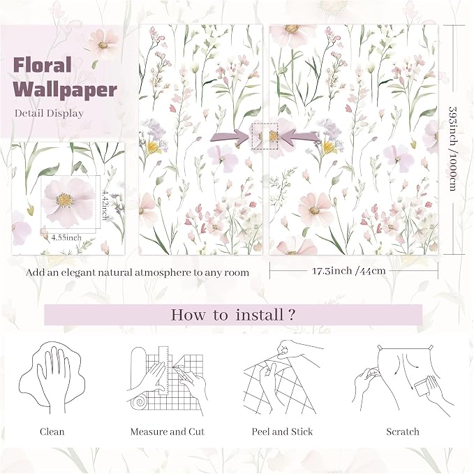 Floral Peel and Stick Wallpaper Boho Contact Paper 17.3"×393" | Self Adhesive Removable Wallpaper Pink Floral White Wildflowers Wall Paper for Bedroom Bathroom Art Deco Wallpapers Vinyl