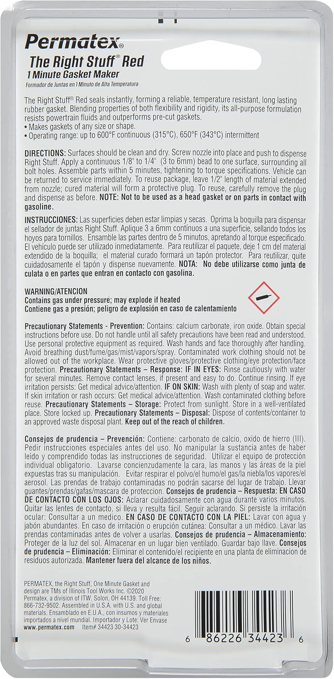 Permatex 34423 Right Stuff 1 Minute Red High Temperature Gasket Maker, 3 oz