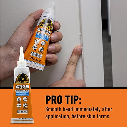 Gorilla 100% Silicone Caulk, Waterproof Sealant, 2.8oz Squeeze Tube (Pack of 1) – White -10 Year Mold Resistant Kitchen, Window, Bath, Marine, Door and More