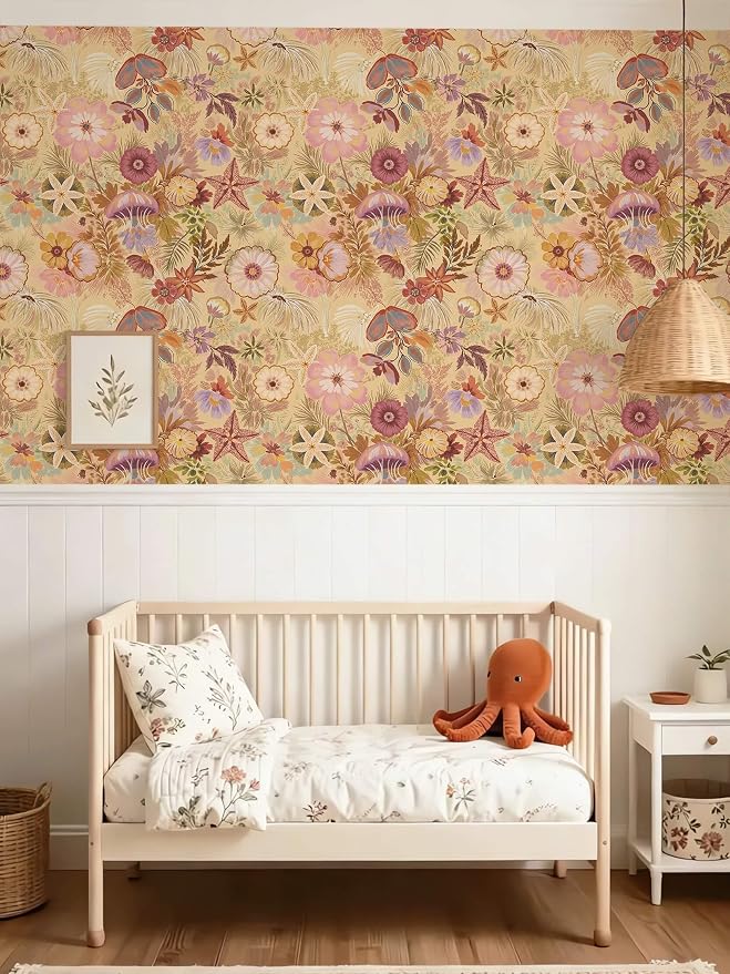 Ismoon Vintage Floral Peel and Stick Wallpaper Deep Beige Pink Contact Paper Jellyfish Starfish Stick on Wall Paper Removable Self Adhesive Vinyl Wallpaper for Bedroom Wall Cabinet Decor 17.3x78.7in
