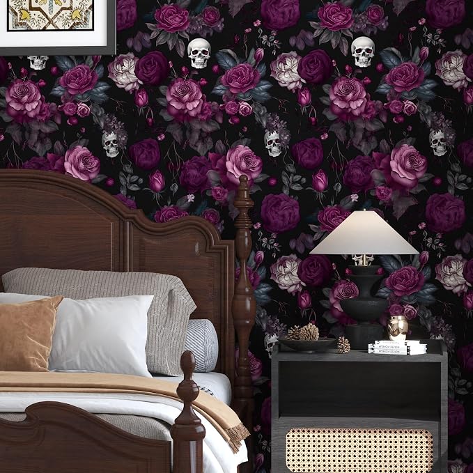 ILHIIOR Black Floral Gothic Peel and Stick Wallpaper 17.5 x 197 Inches | Leaf Removable Self Adhesive Waterproof Contact Paper, Renter Friendly Decor for Cabinets, Drawers & Bedroom Walls