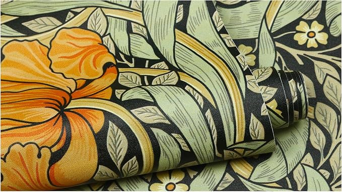 HAOKHOME Vintage Floral Wallpaper Peel and Stick Botanical Green/Yellow/Black Wall Murals Home Kitchen Bedroom Decor by William Morris 17.7in x 32.8ft
