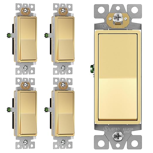 ENERLITES Elite Series Decorator Rocker Light Switch, 15A 120V/277V, Gloss Finish, Single Pole, 3 Wire, Grounding Screw, Residential Grade, UL Listed, 91150-GD5P, Gold Color (5 Pack)