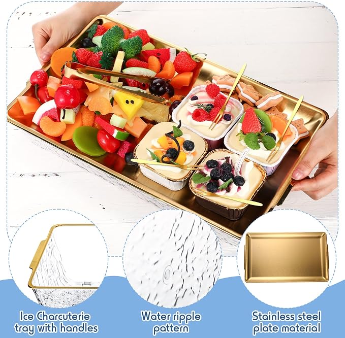 2 Set 16 x 9.45 Chilled Serving Tray for Parties with Compartments Ice Chilled Party Platter Charcuterie Serving Board with Forks Tongs for Fruit Seafood Vegetable Appetizer (Gold)