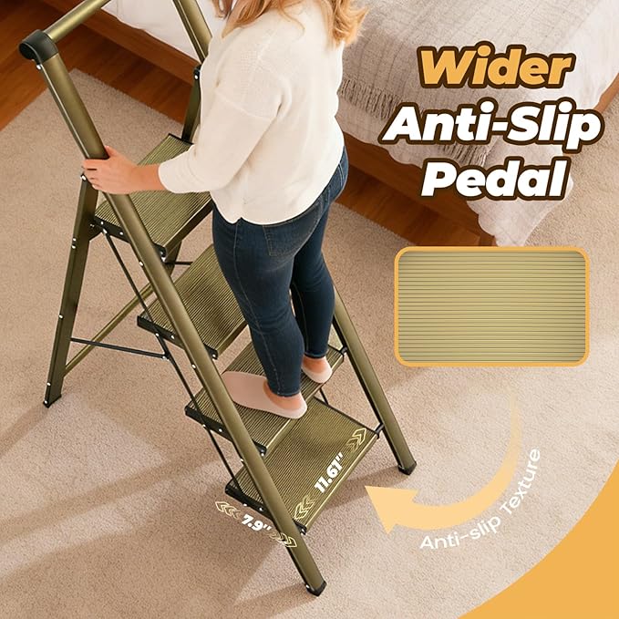 HBTower 4 Step Ladder with Handrail, Aluminum Folding Step Stool,330lbs Capacity Portable Step Ladder，Non-Slip Safety Ladder for Household,Kitchen,Office - Gold
