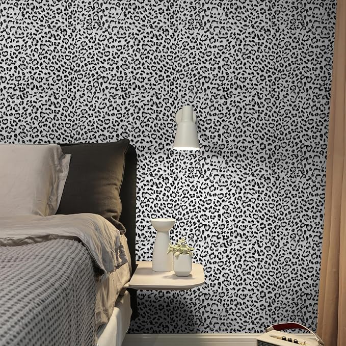 Leopard Print Peel and Stick Wallpaper, Waterproof Removable Self Adhesive Textured Wall Paper, Black and White Unique Funky Cheetah Contact Paper for Bedroom and Bathroom 120"X17.3"(14.4 sq. ft)