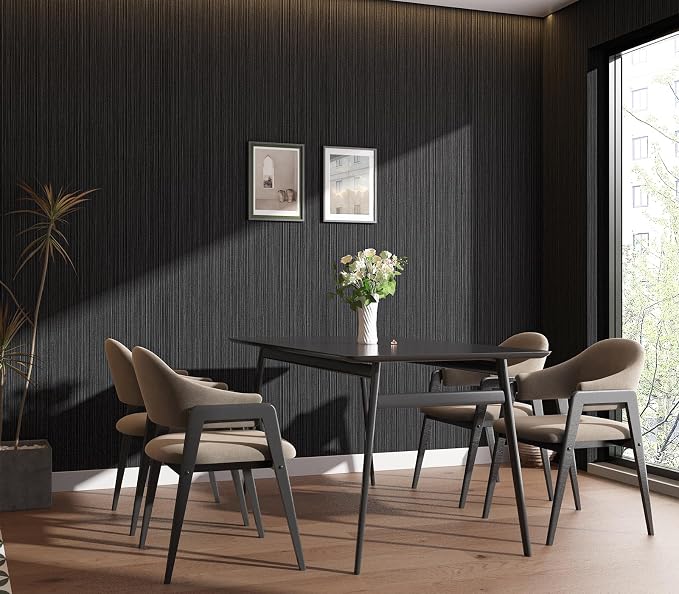 Black Grasscloth Wallpaper Peel and Stick Fabric Linen Textured 24"x394" Classic Faux Grassweave Upgraded Thick Self-Adhesive Neutral Contact Paper Vinyl Film Liner Roll for Home Use