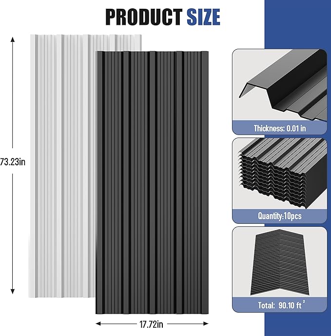 Brakki Metal Roofing Panels 10pcs 90.1 ft², 73.23"Lx17.72"W Black Corrugated Galvanized Steel Roof Panels with Screw, Heavy Duty Metal Siding Suitable for Garages Chicken Coop Sheds Stables Patio