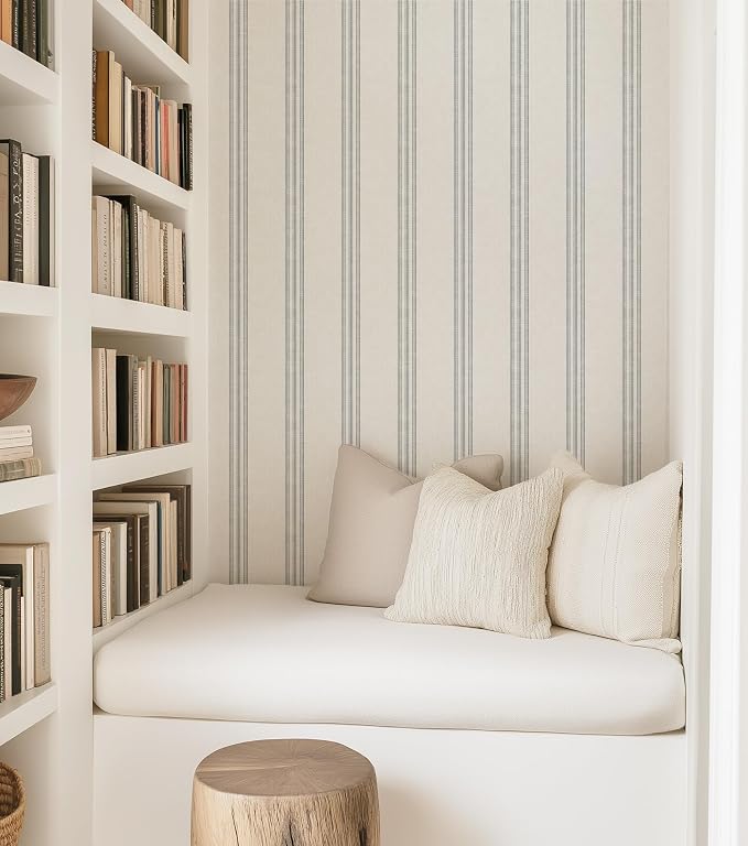 Modern Navy and White Striped Peel and Stick Wallpaper, Removable, French Country Style, Textured Wall Compatible, Stick on Wallpaper for Living Room, Bathroom, Bedroom