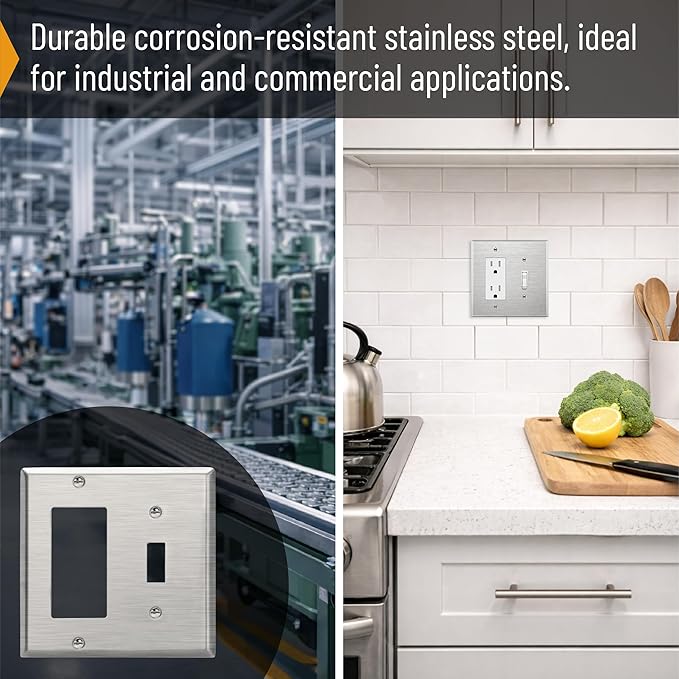 Bates- Combination Wall Plate, Toggle Switch/Decorator, Stainless Steel, Silver, 4.50"x4.57"/Standard Size, 2 Gang Wall Plate