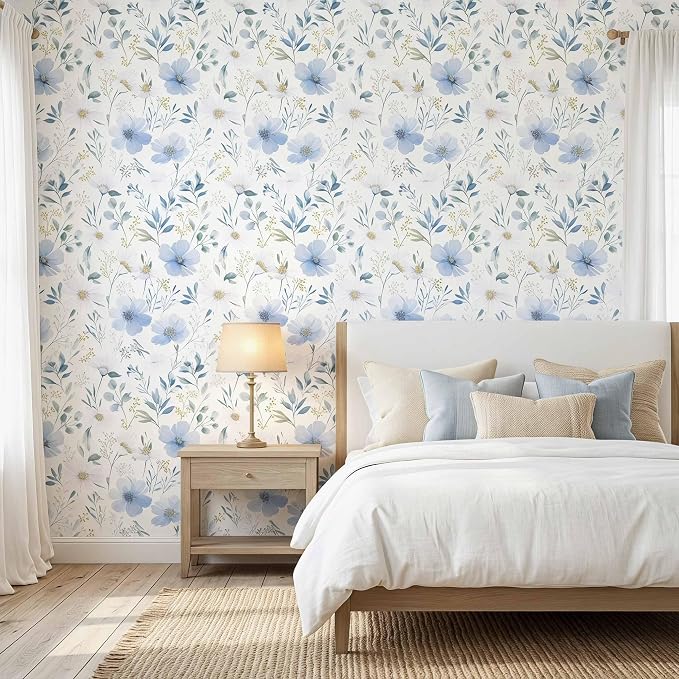 Light Blue Floral Peel and Stick Wallpaper, 17.7in x 118in | Self-adhesive and removable watercolor flower design for bedroom, living room, and accent wall
