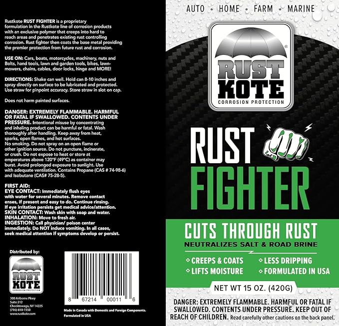 RustKote - Rust Fighter Aerosol, 15oz, Corrosion Protection, Salt Neutralizer, Lifts Moisture, Creeps & Coats While Protecting Metal. Rust Inhibitor Spray for use on Cars, Machinery, Equipment, Steel