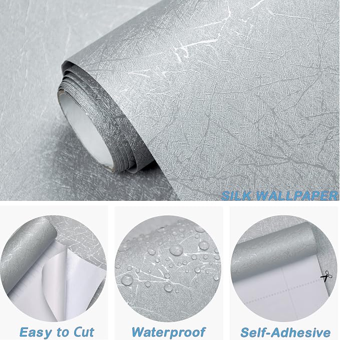 Cohoo Home Gray Peel and Stick Wallpaper Grey Silk Contact Paper for Cabinets and Drawers Silver Textured Self Adhesive Removable Wallpaper Bathroom Bedroom Waterproof Wall Covering 15.7inL 118inW