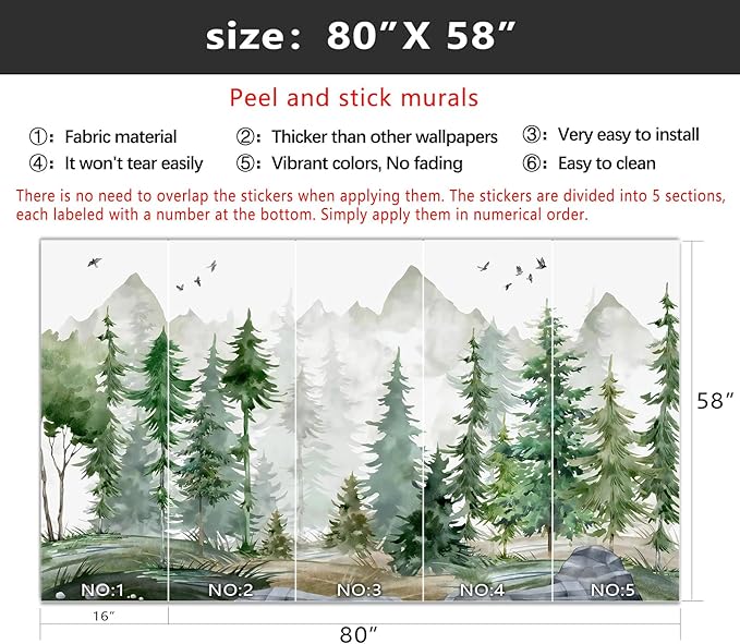 YIHWM-Peel and Stick Nursery Forest Wallpaper Watercolor Pine Tree Mural | Tear-resistant,with a substantial feel;Will not be damaged during repositioning.Boy's Room,kids room wallpaper.S-80"x58"