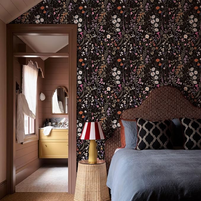 Wallpaper Self-Adhesive Blooming Vintage Colourful Flowers Wall Paper for Bedroom Living Room Cabinet, Peel and Stick Beige Sketch Little Flowers Wallpaper Mural 7.1 sq. feet (17.3''''x59.1'', Black)