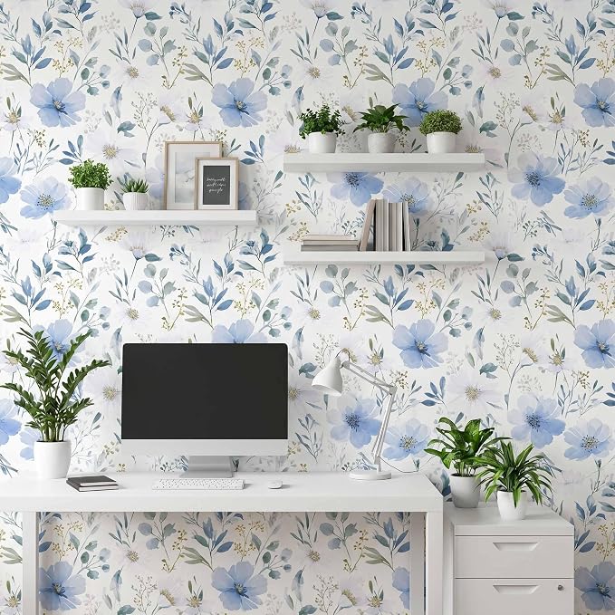 Light Blue Floral Peel and Stick Wallpaper, 17.7in x 393.7in | Self-adhesive and removable watercolor flower design for bedroom, living room, and accent wall