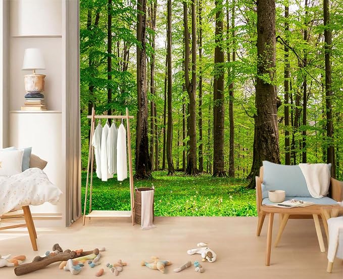 YIHWM-Peel and Stick Green Forest Wallpaper Landscapes Woodland Tree Mural | Tear-resistant,with a substantial feel;Will not be damaged during repositioning.Bathroom,Bedroom wallpaper.L-137"x96"